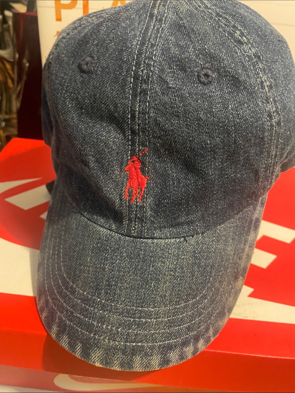 Polo by Ralph Lauren Navy Denim Cap with Red Pony Embroidery
